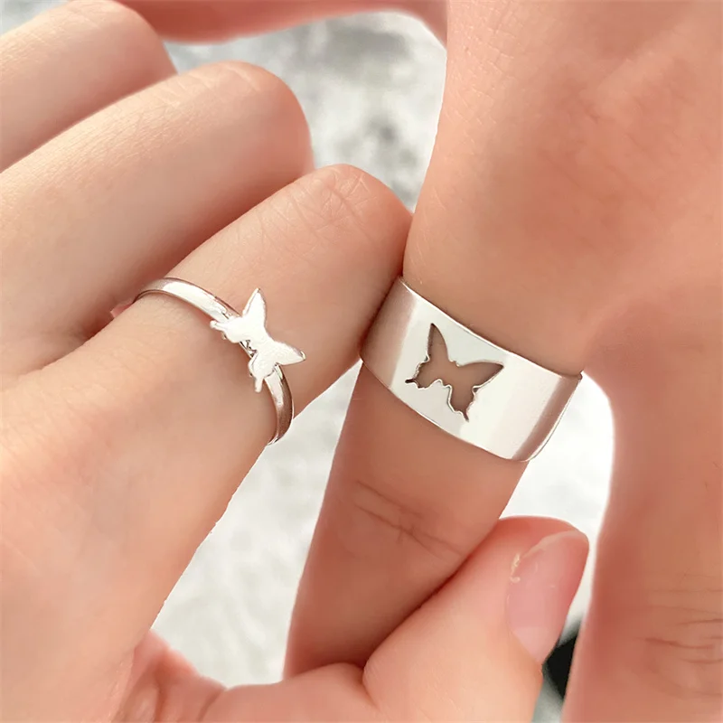 

New Fashion Punk Adjustable Butterfly Ring Set For Lover Women Men Romantic Hollow Animal Wedding Couple Rings