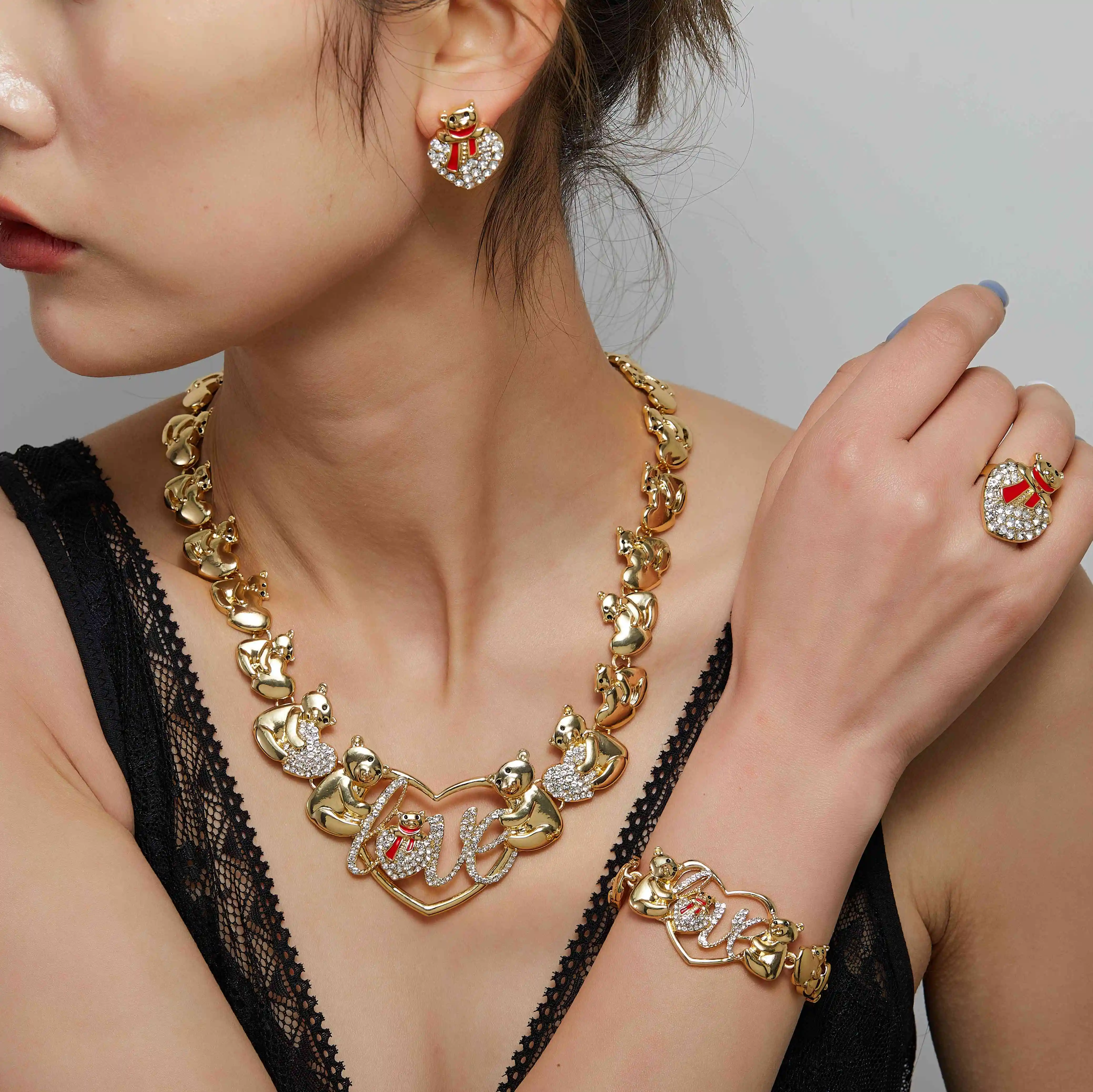 

2021 Wholesale Fashion Women's 18K gold plated 4piece i love you jewelry set, Multi color