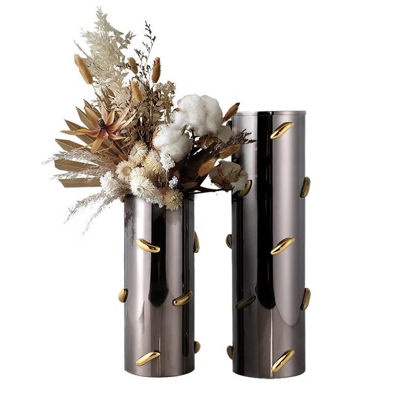 

Living room creative modern Nordic light luxury style stainless steel vase brass Straight gun color dry flower vase for desktop