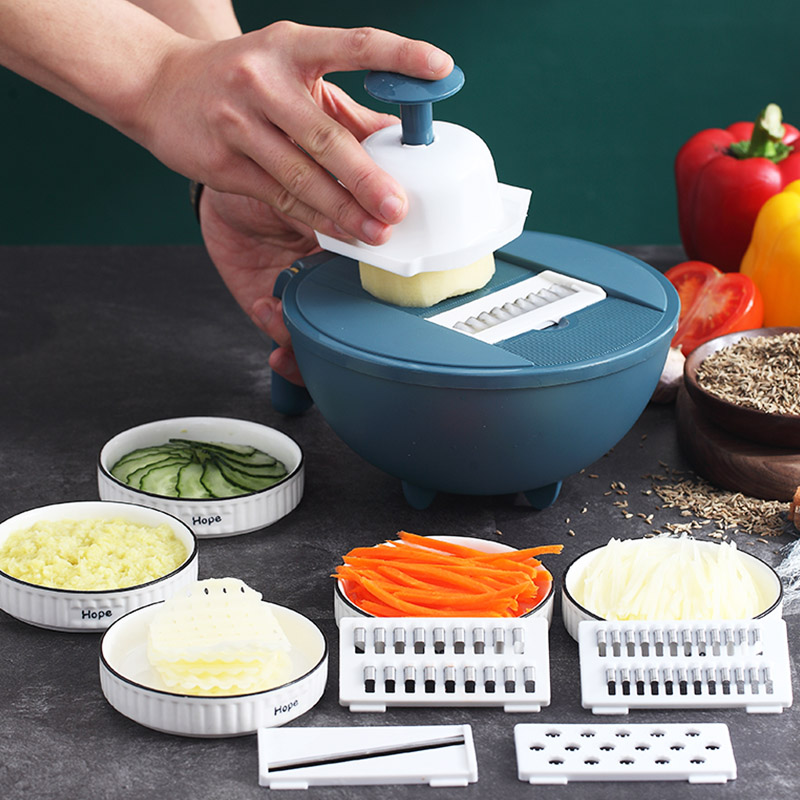

Multifunctional Vegetable Cutter Fruit Slicer Grater Kitchen 9 in 1 manual Vegetable Cutter With Drain Basket, Dark blue+yellow