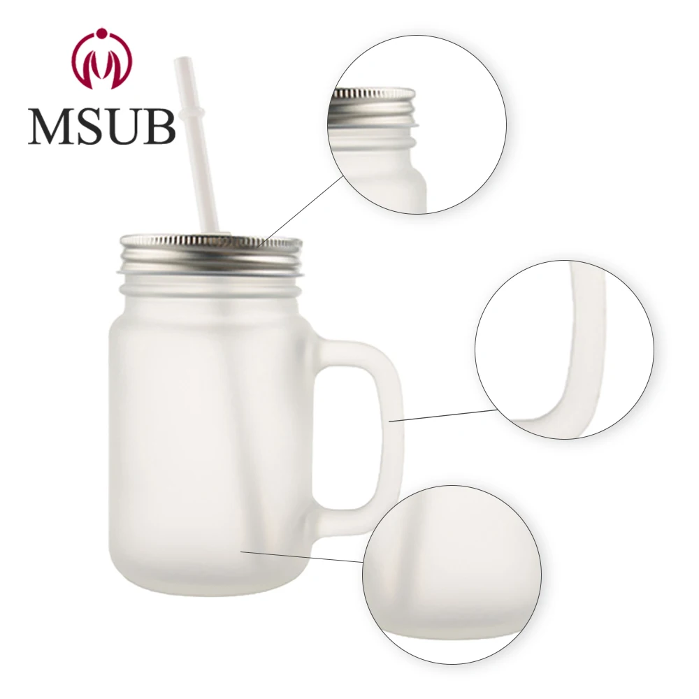 

promotion 350ml sublimation jar mason frosted glass cup with handle, White