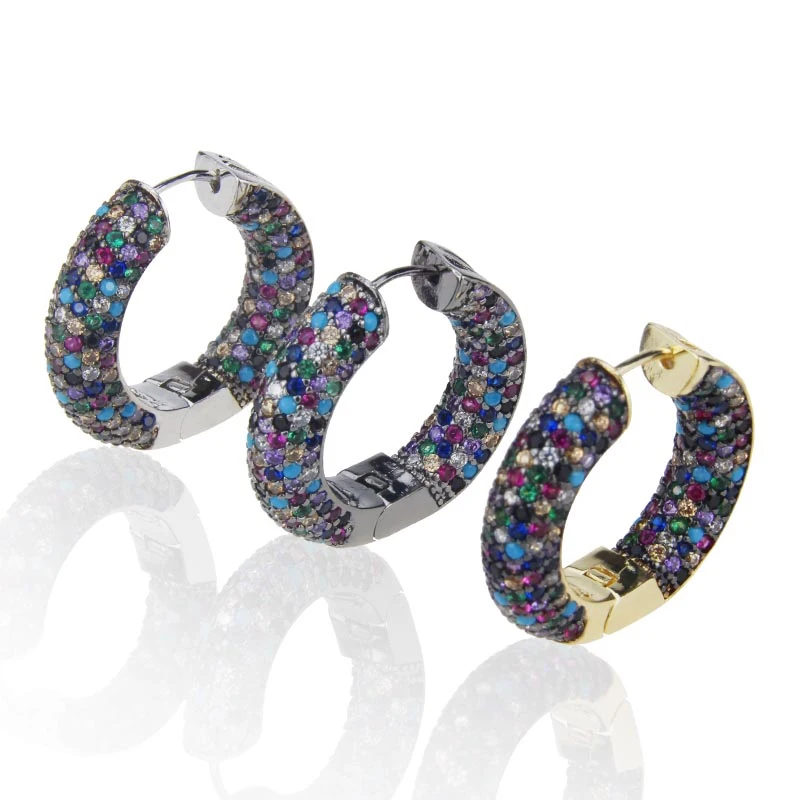 

New Designed Golden Brass With Multi Colors Cubic Zirconia Round Circle Fashion Hoop Earrings Women Jewelry Feminina Brincos, Gold color