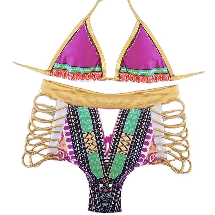 

2021 South Africa Ins Sexy Plus Size Two Piece Bathing Suits Party Bling Gilding Halter Bandage Beachwear Bikinis Woman Swimwear