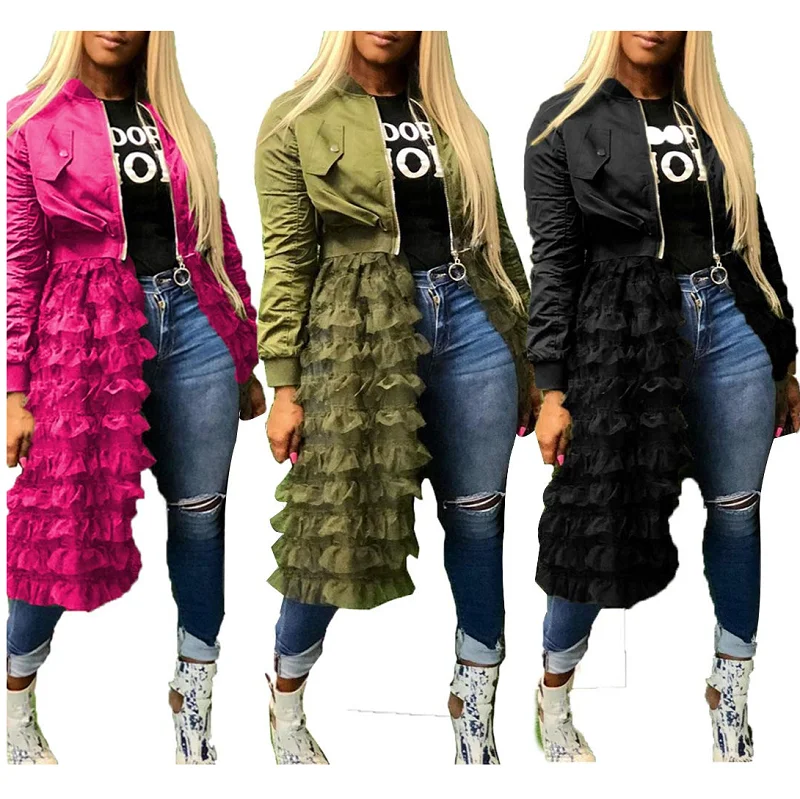 

Cowinner Women Jackets Dress Long Sleeve Zipper Ruffle Sheer Mesh Patchwork Dress Bomber Jacket Outwear, As pic