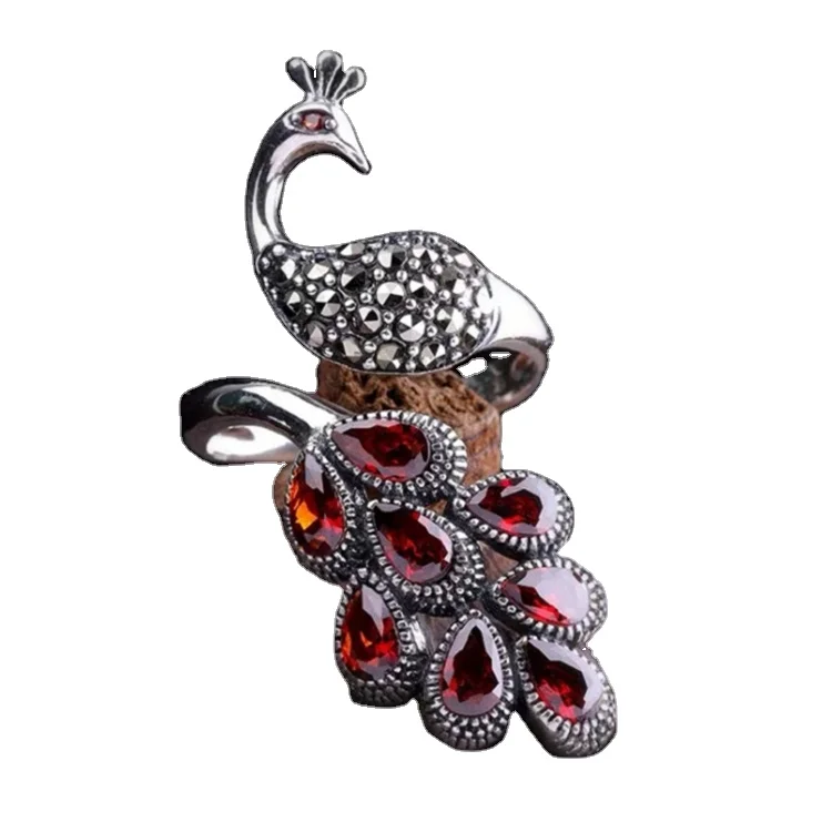 

Certified S925 Sterling Silver Ethnic Style Peacock Ring Female Open Phoenix Red Garnet Silver Ring Gift Factory Direct Sales
