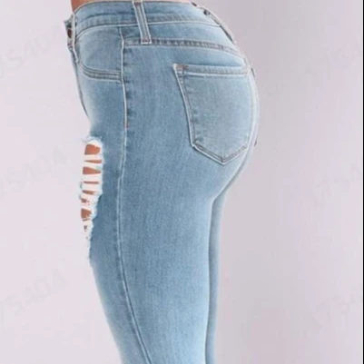 

Wholesale Women Jeans Denim Hole Skinny Pants High Quality Stretchy Pencil Pants Highwaist Blue Jeans