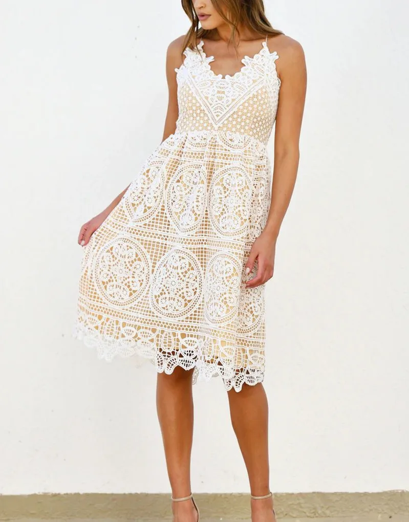 

Fashion Women Sexy Sleeveless Crochet Lace Midi Dress Ladies Backless High Waist Lace-Up Dresses