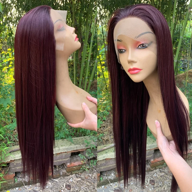 

Wholesale Lace-front Burgundy Long Straight Synthetic Wig 13X4x1 T Semi-Hand Synthetic Wigs Headgear For Women, Pics