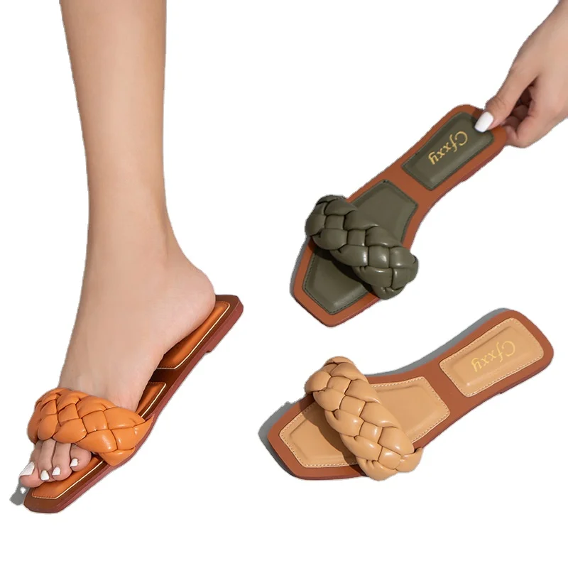 

Wholesales Weavn Pu Ladies Slippers Outdoor Slip On Women Casual Flat Slides Sandals