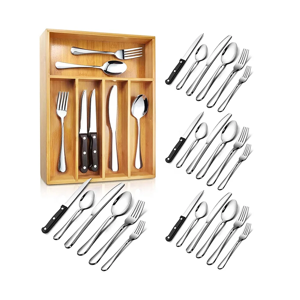 

24pcs matte silver silverware drawer organizer stainless steel spoon fork cutlery steak knife flatware set with tray