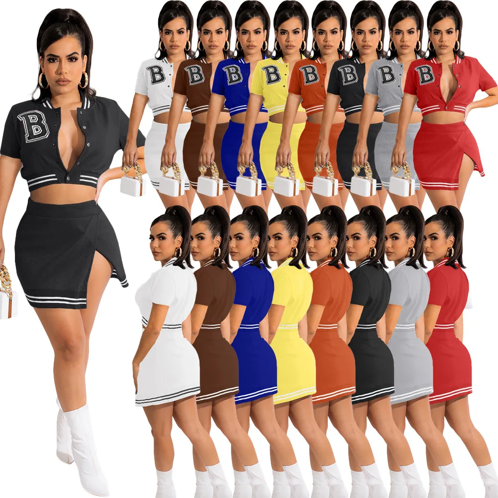 

2022 New Arrival Bodycon Women Graphic Dress Set Long Sleeve Zipper Crop Jacket Mini Skirt Two Piece Set Ladies Mini Dresses