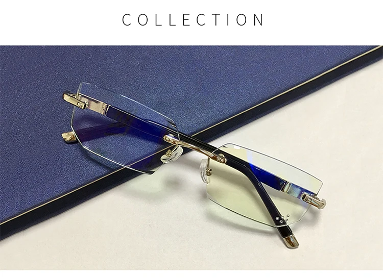 blue rimless glasses