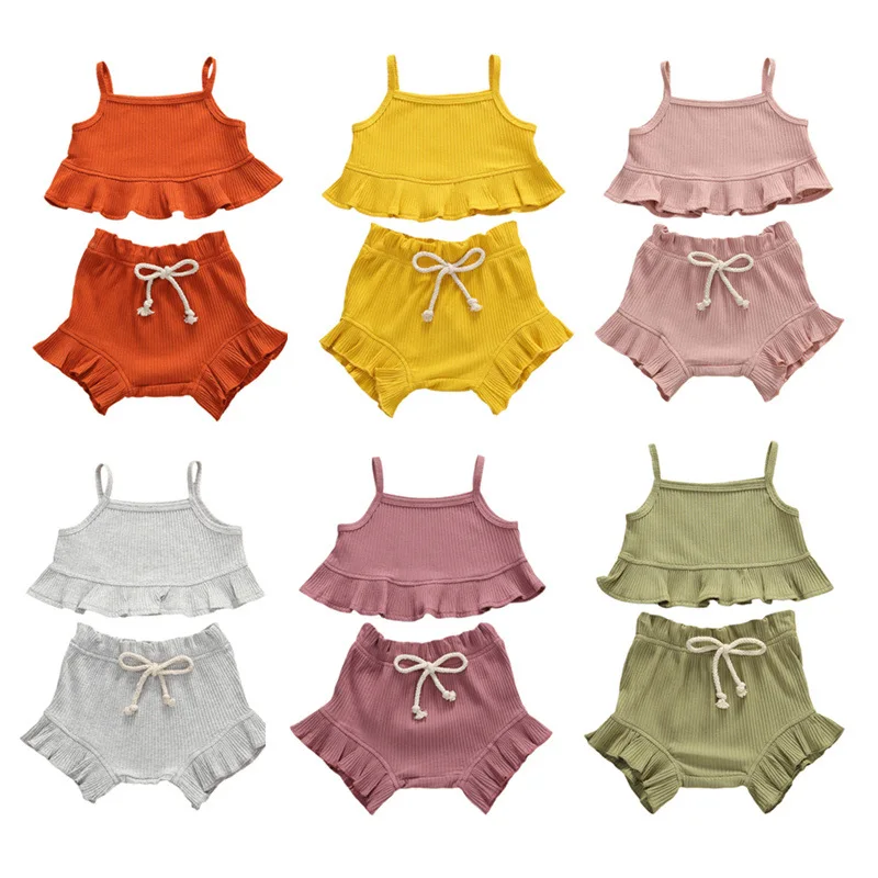 

Custom OEM ODM Toddler Girls Ribbed Cotton Strap Ruffle Top Draw String Shorts Outfits Baby Clothing Set, Photo showed and customized color