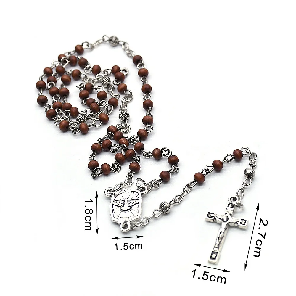 

Peace pigeon Mini wooden bead Brown Rose Rosary Necklace with box Christian Cross Religious Gift, Picture