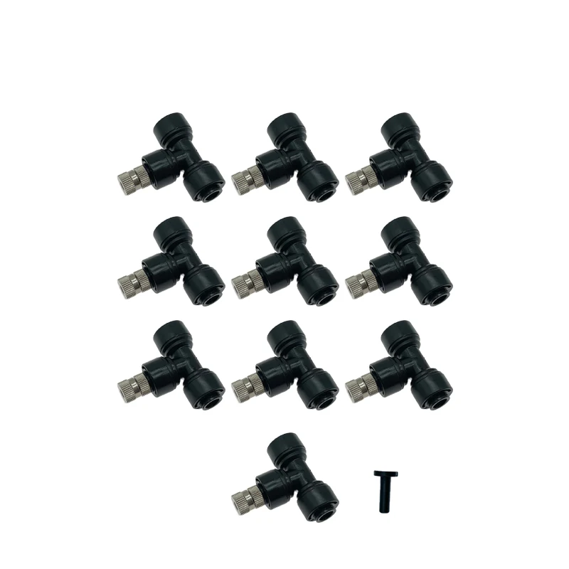 

1/4'' Quick Pushing T Connectors 6 MM Slip Lock Misting Brass Nozzles Pack Of 10 Pcs With 1 End Plug For Outdoor Water Sprayer, As pictures