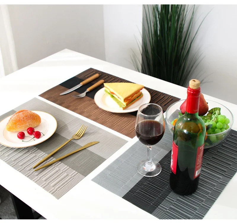 

i@home heat resistant bamboo gradient color matching western woven pvc placemat luxury, Light coffee color, wine red, brown, black and white, light gray