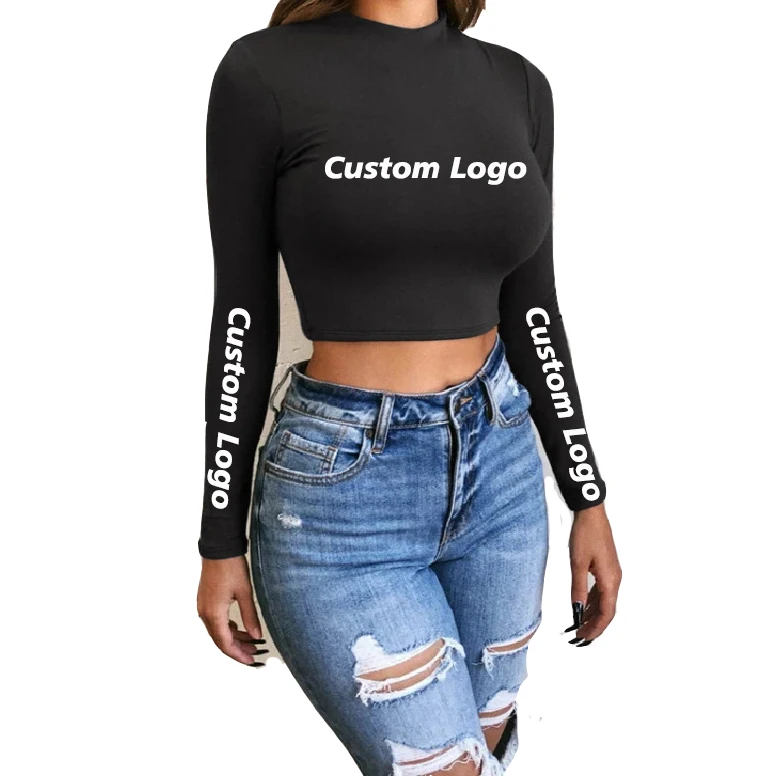 

8830 100% Cotton summer long sleeve sexy black white OEM Custom LOGO Crop Top T shirt Women, As shown in the figure
