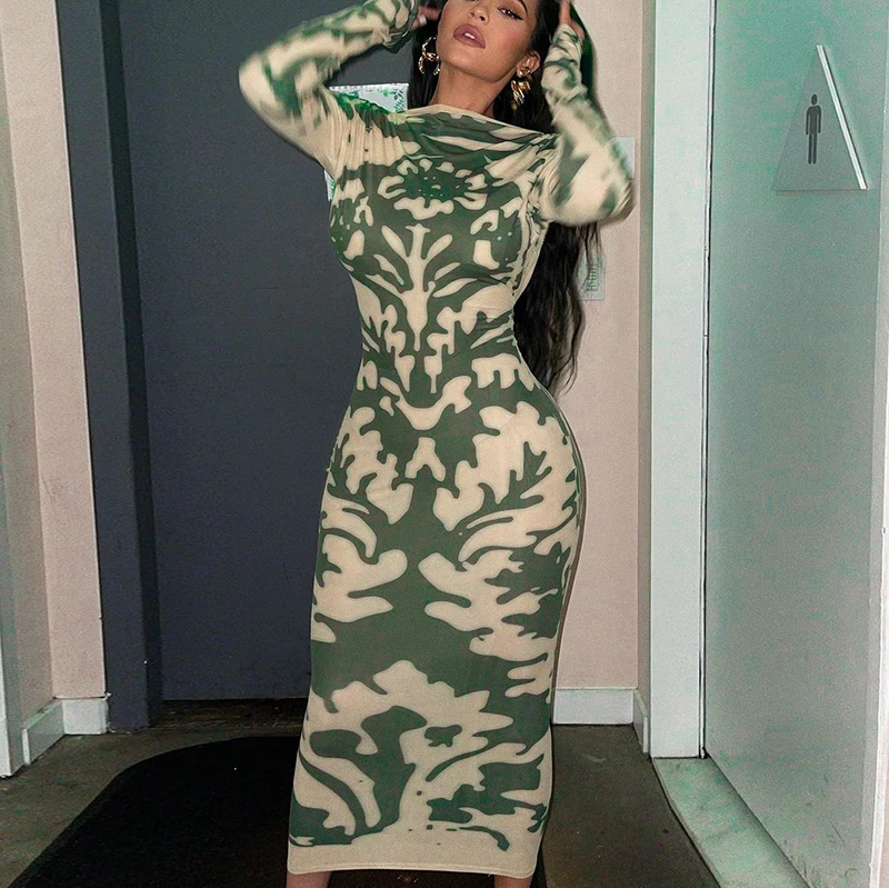 

2021 Autumn Winter Backless Long Sleeve Print Midi Dress Sexy Party Apparel Women 2021 Fall Fashion Wholesale Casual Clothing