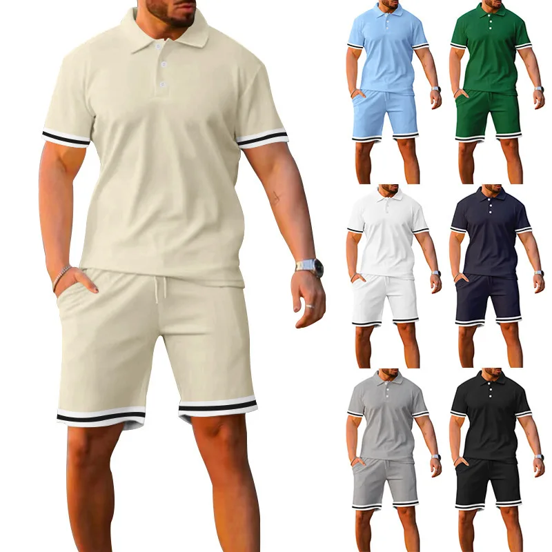 

Conyson Summer Casual Designer Hot Sale Custom Clothing Men Logo Polo T Shirt Shorts Solid Color Men's Button Two Pieces Men Set