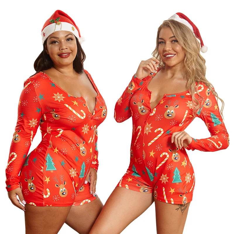 

New Arrival 2021 Winter Fall Fashion Long Sleeve V Neck Bodycon Sexy Plus Size Christmas Onesie Pajamas Women, Picture shows