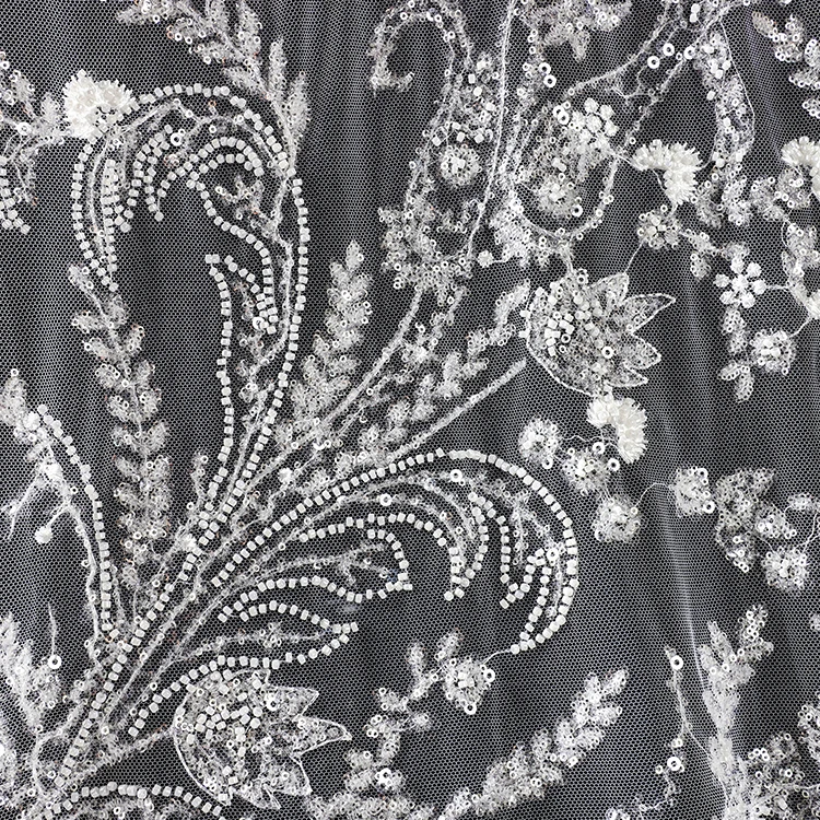 

MX666 Wholesale New big Sequin Lace Fabric Mesh White Fabric With Beads, Support custom colors