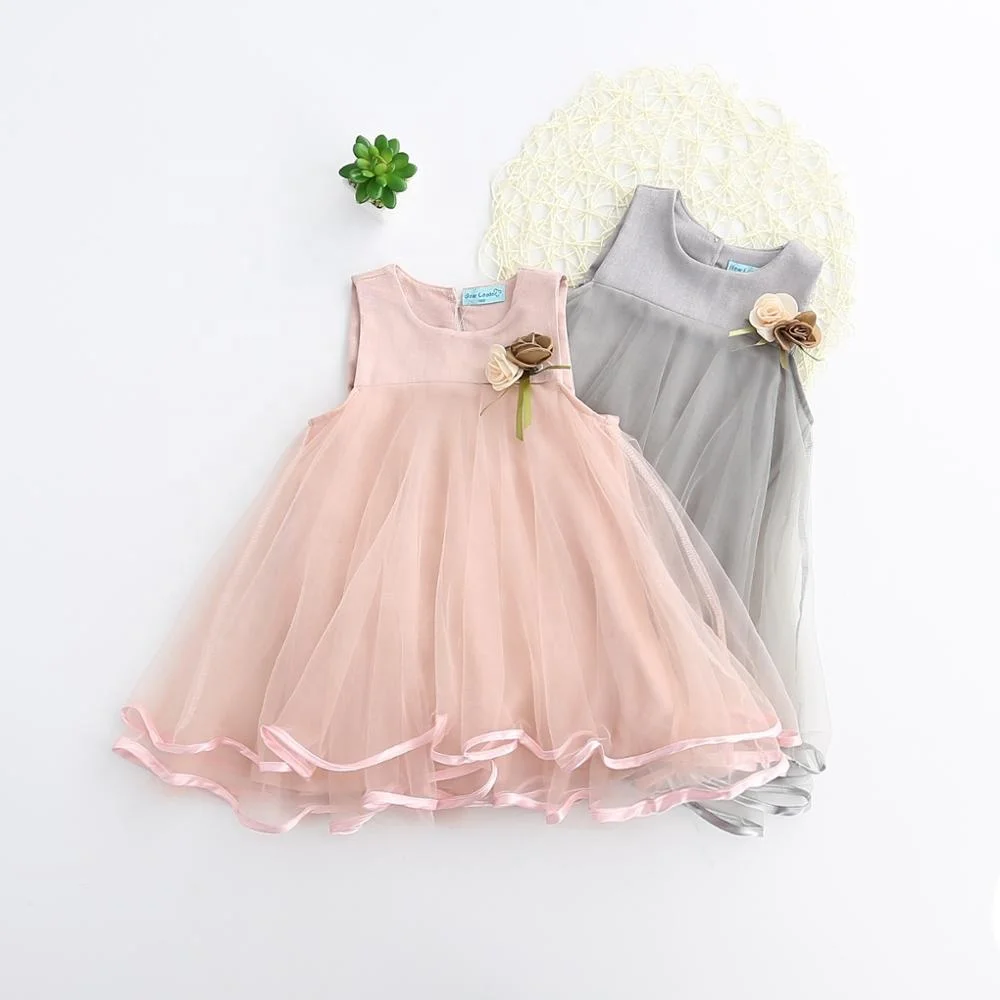 

B61946A Fantasy full skirt top princess dress with corsage baby girl dress, Pink/gray