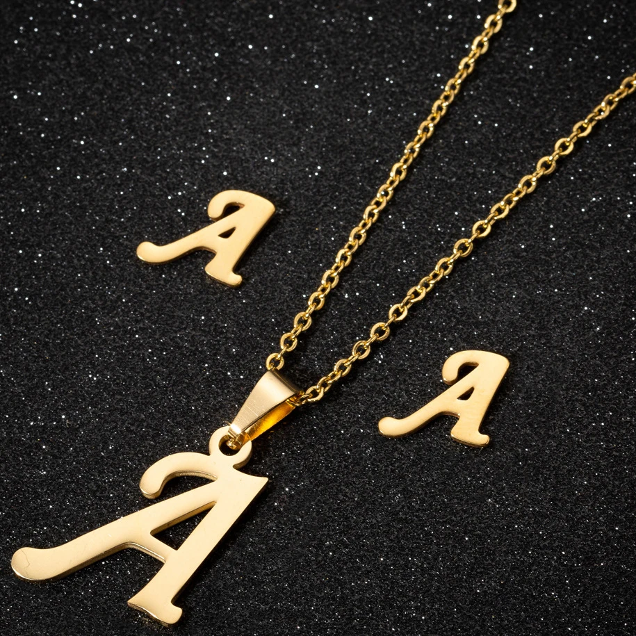 

Trendy Silver Gold Plated Women A-Z Alphabet 26 Letters Pendant Earring Stainless Steel Initial Necklace Jewelry Set For Girls, Silver & gold color