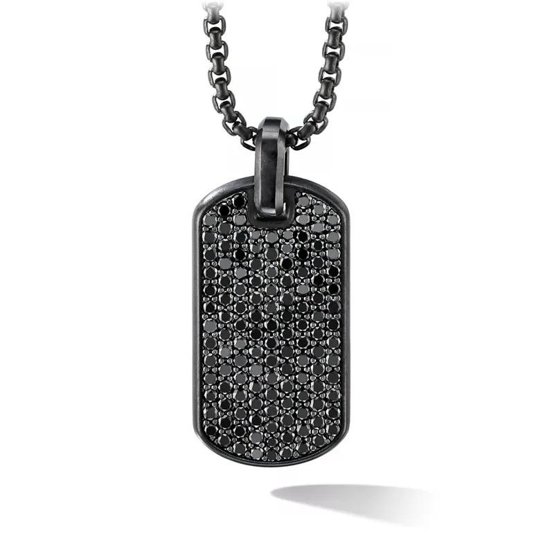 

Stainless Steel Black Dog Tag CNC Zircon Diamond Pendant Necklace Mens Jewelry, Black, silver