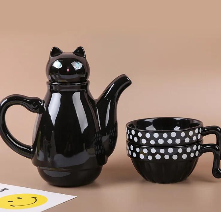 Stackable Kitty Teapot and 2 Teacups 3 Piece Ceramic Black Cat Tea For Two Set 