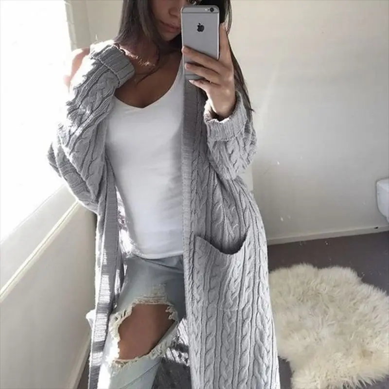 

Knit Cardigan Coat Autumn Women Sweaters Pockets Long Style Winter Women Warm Sweater Thick Knitted Coat Female Sweater, Shown