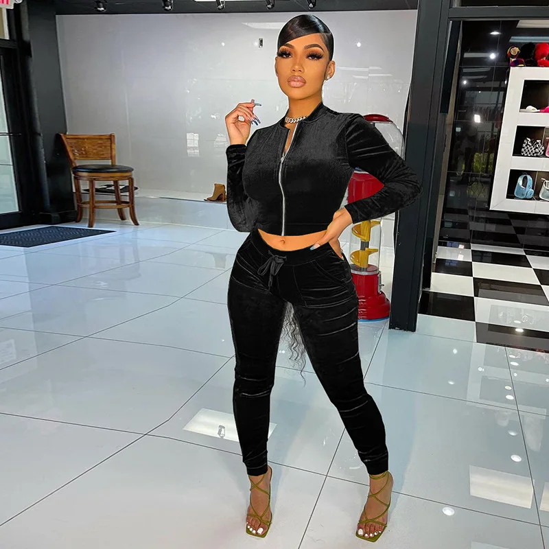 

New Style Long Sleeved Zipper Crop Top Set 2 Piece Outfit Velvet High Waist Pants Set