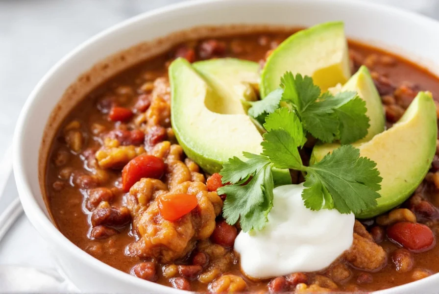 Finished crock pot turkey chili served in bowl with toppings like avocado, sour cream, and cilantro