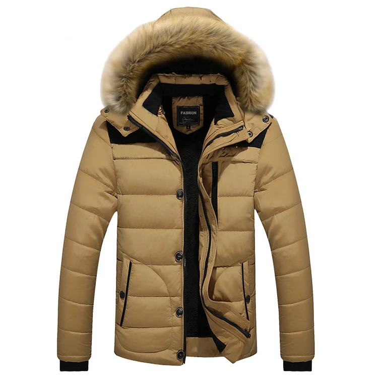 

Fur Collar Hooded Plush Lining Parka Jacket Men Plus Size Thick Cotton Men Winter Bubble Jacket Coat, Khaki/navy/red/black