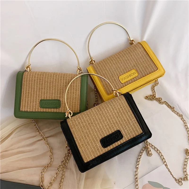 

2020 new fashion PU knitted small square chain shoulder crossbody handbags, Green/yellow/black