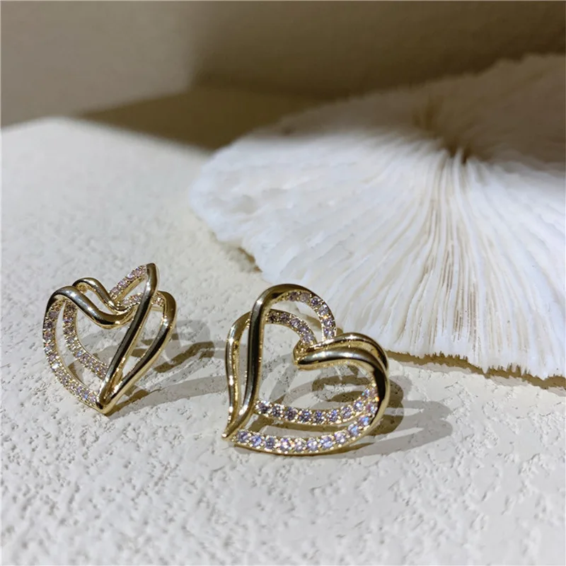 

new statement hollow heart stud earrings zircon