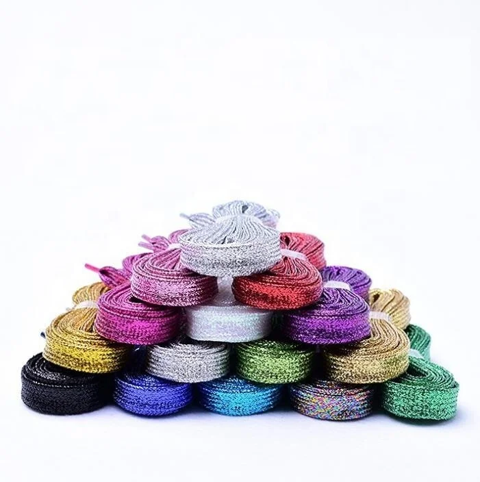 

New arrival glare colored pearl gold and silver laces / colorful metallic glitter gold shoe laces / flat tubular bright shoelace
