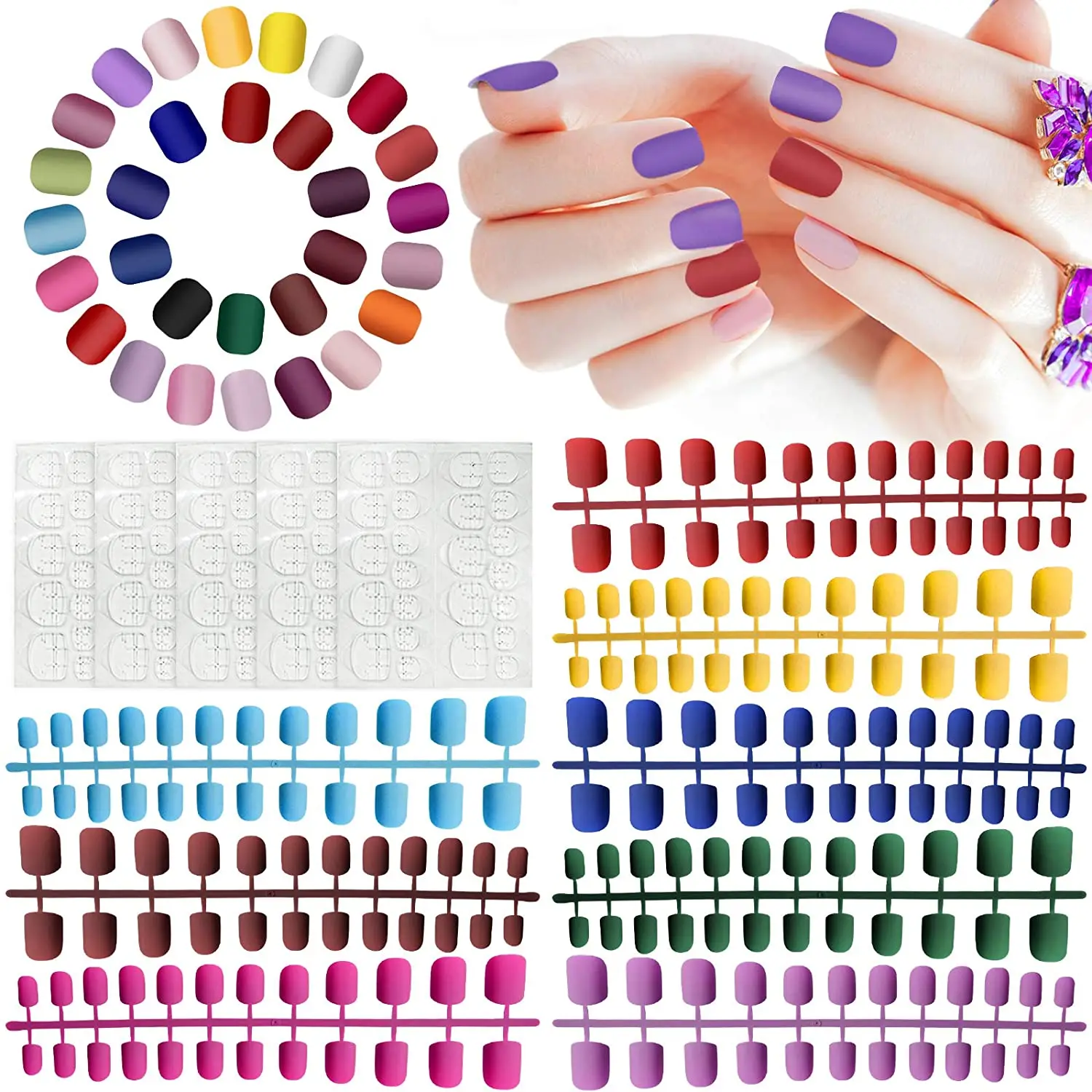

24 pieces Finished False Nails Wear Back Glue Nail Patch False Tips Stickers With Glue Self-adhesive, As the picture