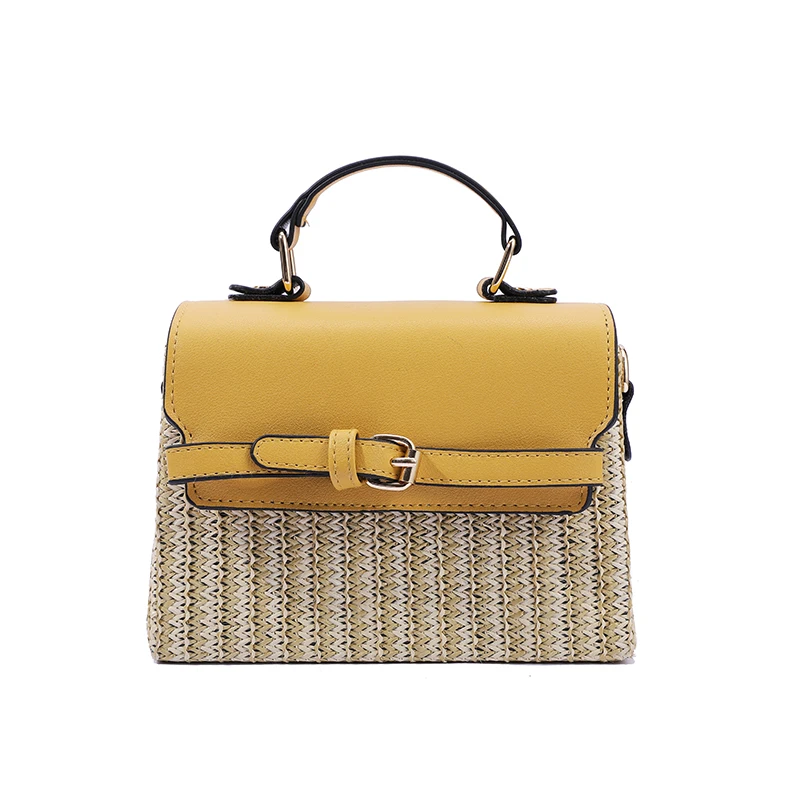 

OLEI 2021 new fashion Resort style pu rope cross body bag with leather handle box shape straw summer bag