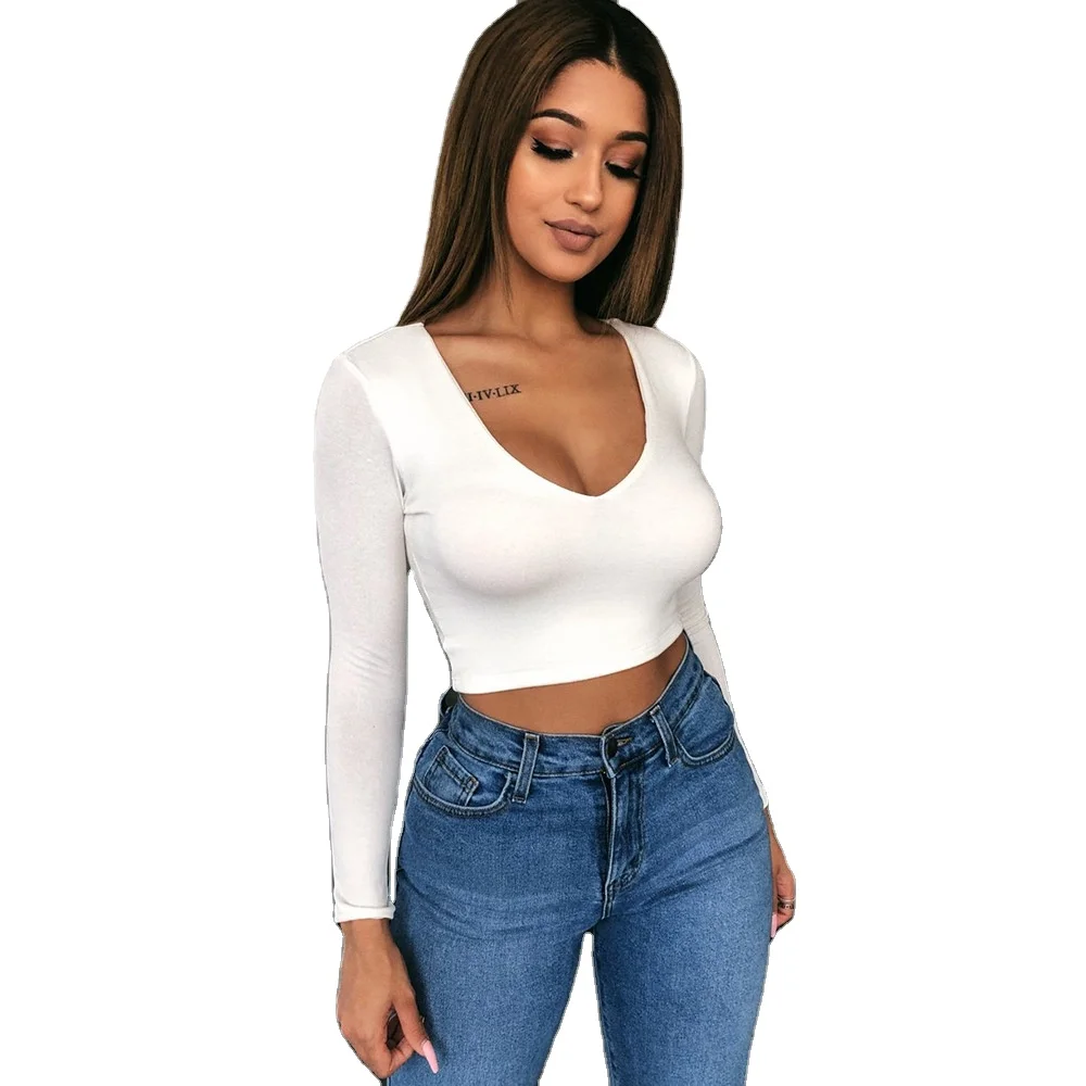 

2021 New Spring Sexy Slim Fitted Fleece Lined Solid Basic V neck Cropped Shirts Women Long Sleeve Stretchy Crop Top