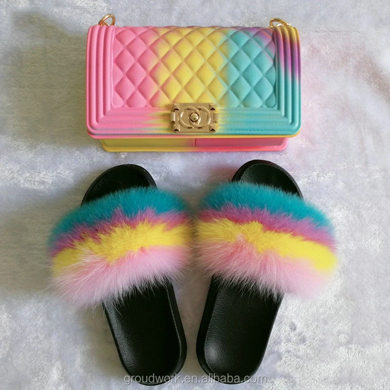 

Wholesale Plush comfortable signature slippers and purse set for women and girls, Colorful