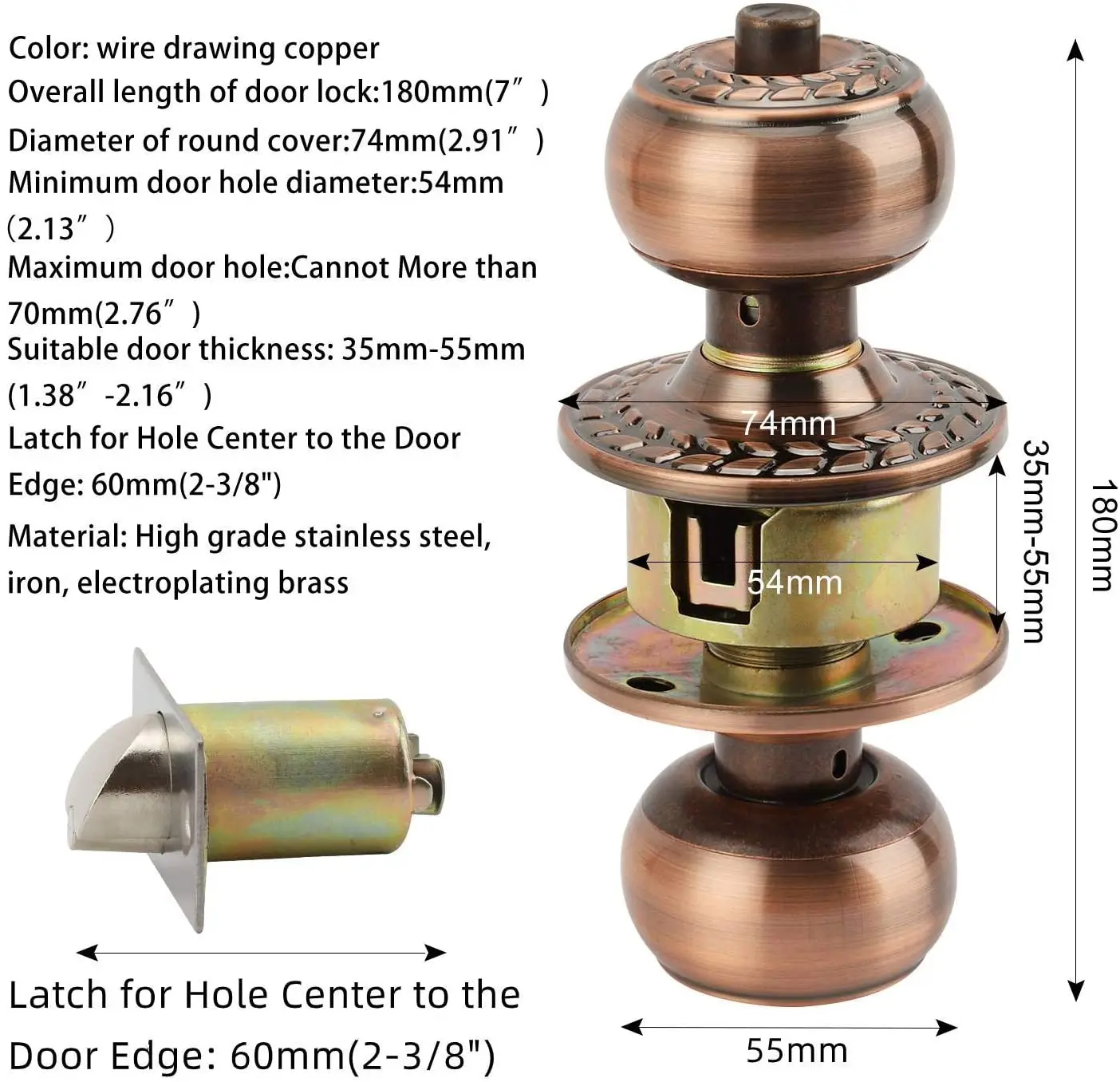 Stainless Steel Push Cylindrical Tubular Round Knob Lock 9540 Key Door