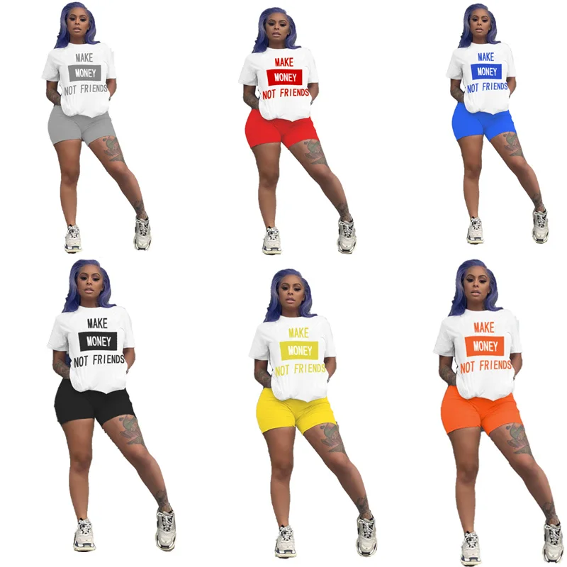

2020 Summer Women Fashion Casual Two Piece Short Set Printed Short Sleeve Casual Workout Set, White, black, blue, wine red, army green