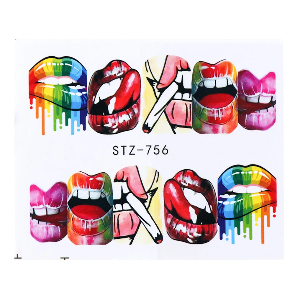 9 Design Set Press On Nails Art Salon Professional Water Transfer Nail Art Stickers Sexy Lips 