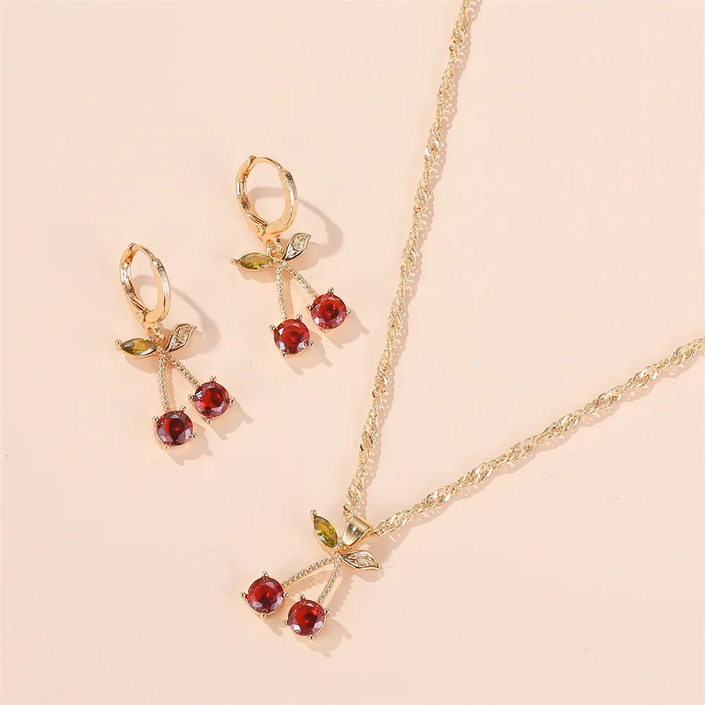 

European and American wind hot sale wedding dinner party jewelry temperament garnet red cherry necklace earrings women, Picture