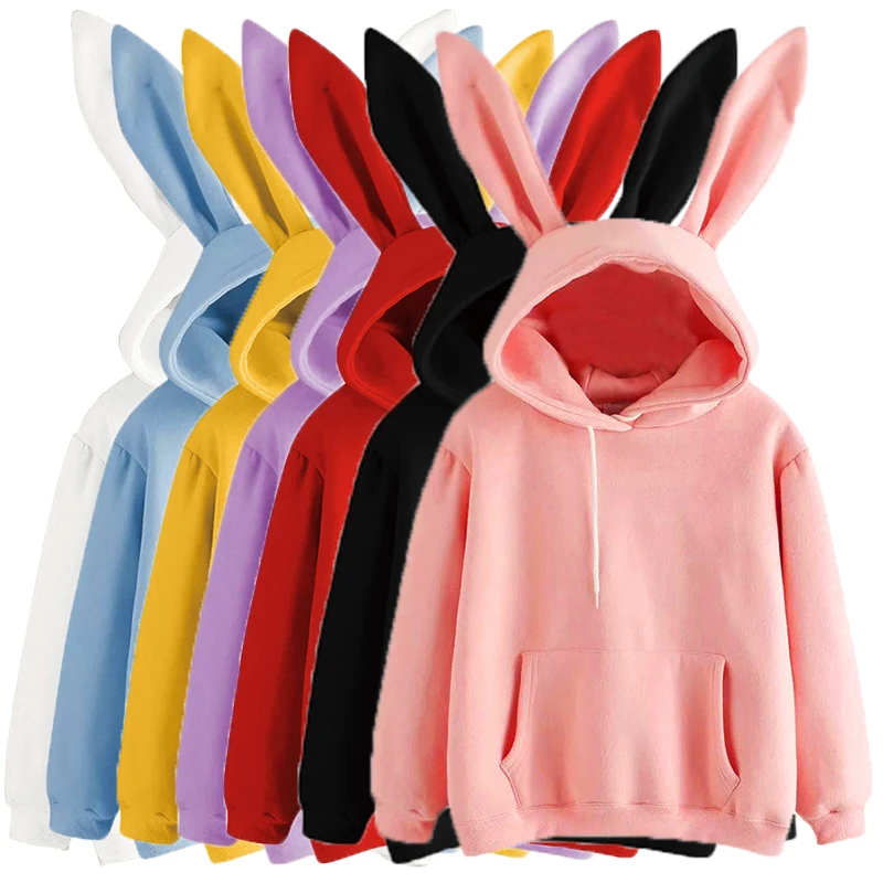 

Autumn Winter Kawaii Rabbit Ears Fashion Hoody Casual colors Solid Warm Sweatshirt Hoodies Women Long Sleeve Hoodies For Winter, Customized color