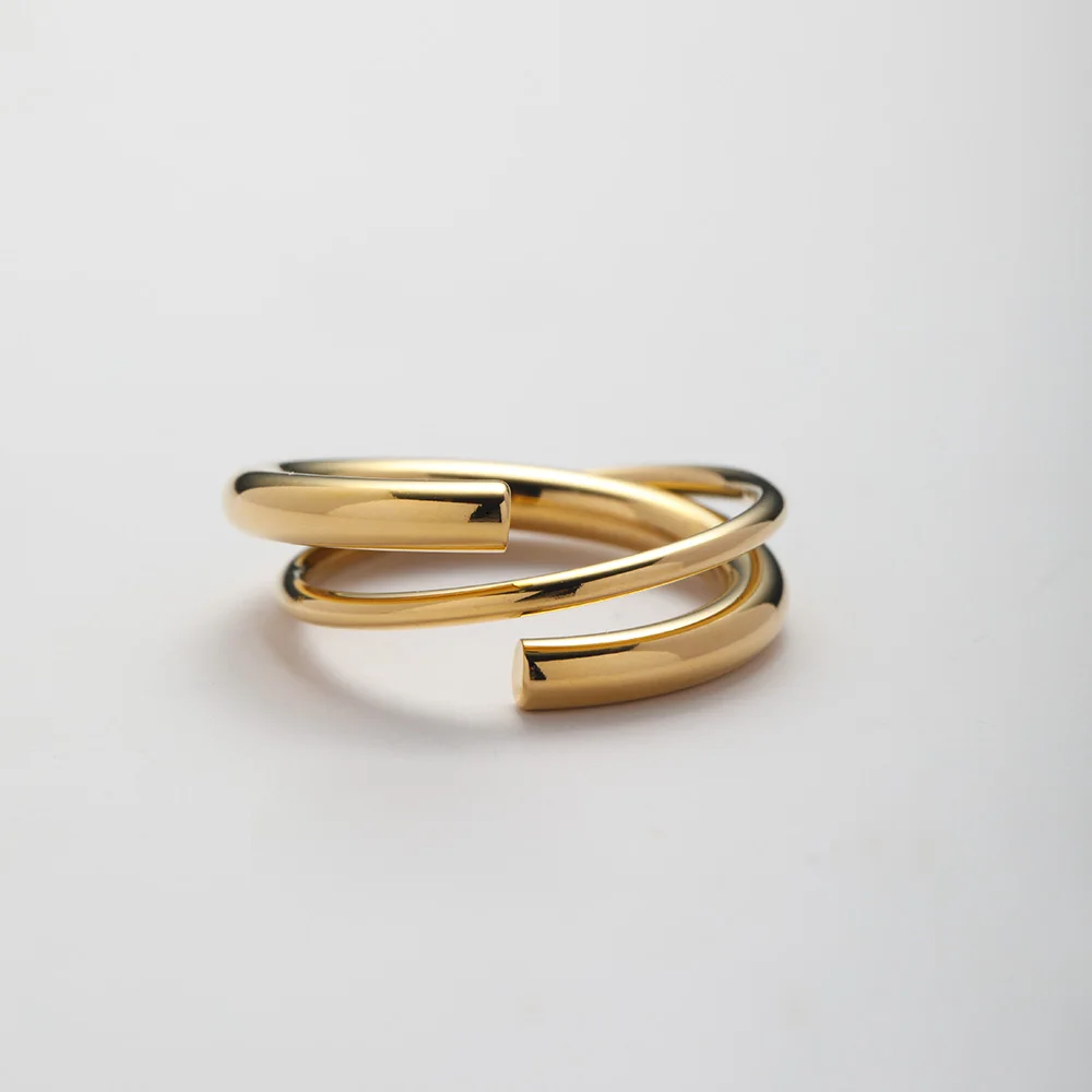 Fashion Charm Jewelry 18K Gold Plated Stainless Steel Round Lines Double Layer Cross Rings Non Tarnish Rings  YF5022