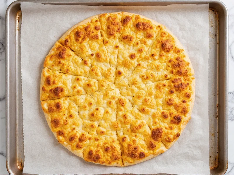 Golden brown cauliflower pizza crust on baking sheet