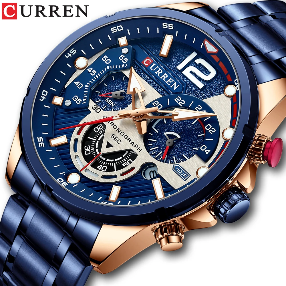 

2021 CURREN 8395 Top Luxury Brand Sport Wristwatches Men Luminous Quartz Watch Casual Chronograph Stainless Steel Male Clock, 5-colors