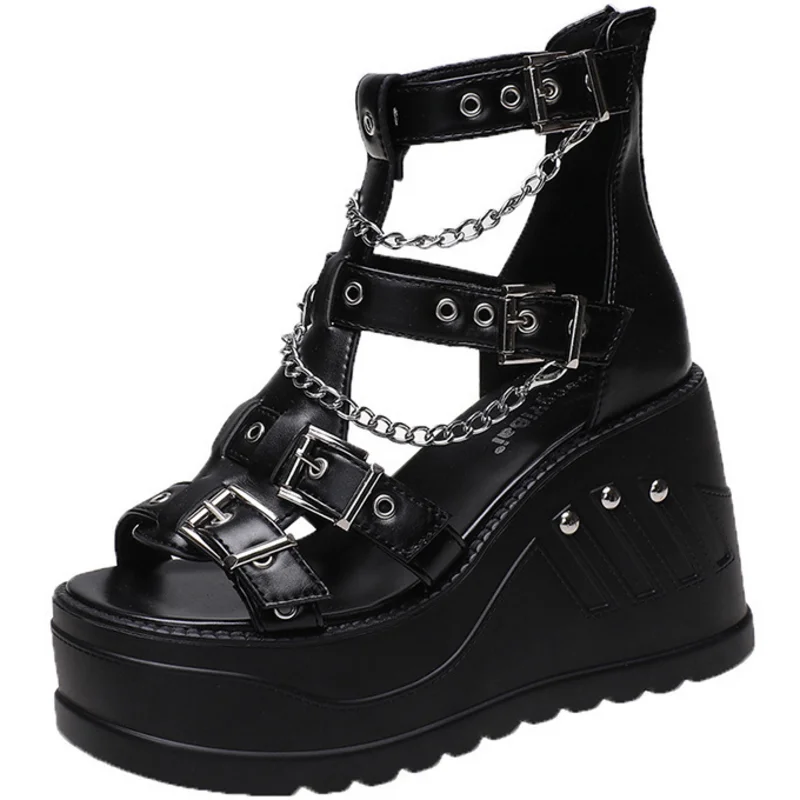 

Dropshipping Custom Logo Dark Goth Ladies Chunky Platform Heeled Sandals Punk Style Women Gladiator Sandals plus size 12