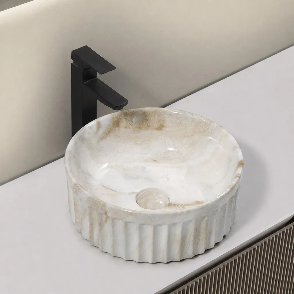 round-marble-bathroom-sink-9743-P-519-fluted-ceramic-vessel-white-onyx-amber-cloud-pattern-matte-black-faucet-warm-white-vanity